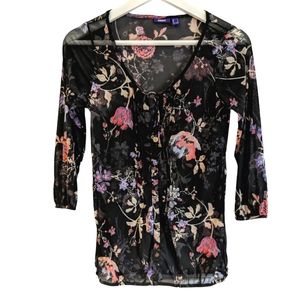 MEXX Floral Sheer Black Blouse 3/4 sleeve Size S Small